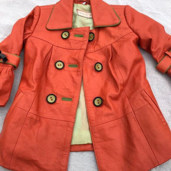 Vintage Other - Vtg Lux Imported Turkey Bennys Orange Leather Coat Silk Lined Designer Girls 5 6